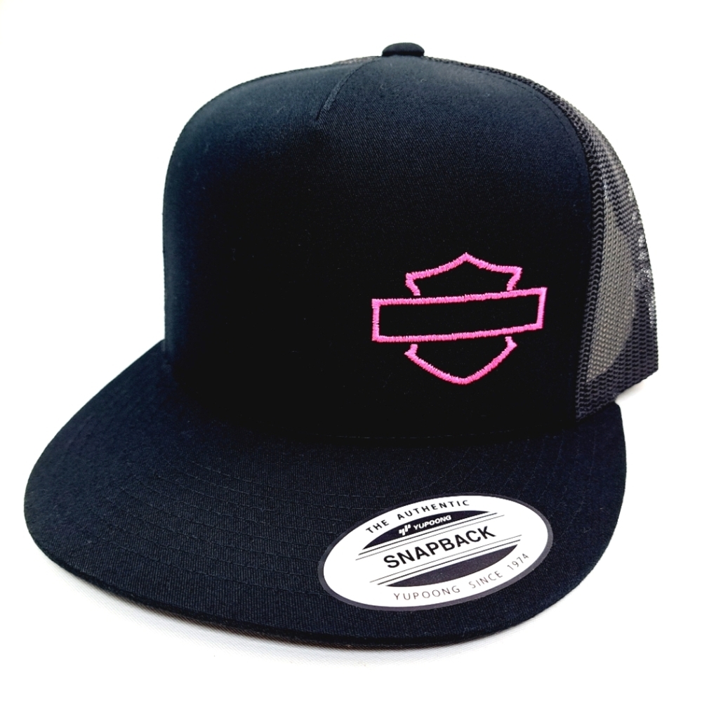 Harley Bar & Shield Flat Bill Snapback Baseball Cap Hat Black Embroidered